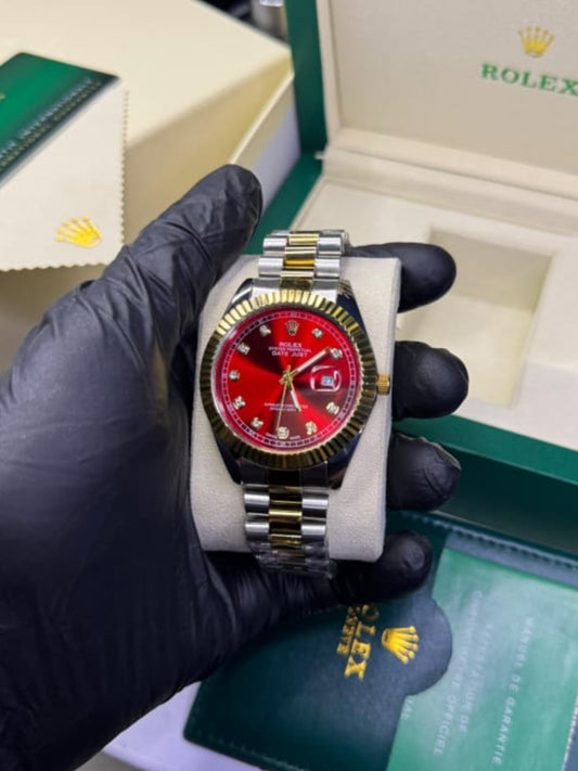 Rolex Two-Tone Red Dial Luxury Watch (Master Copy)