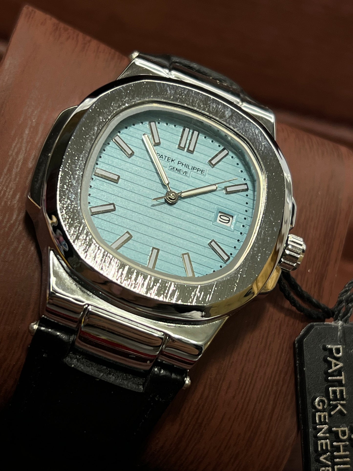 Patek Philippe Geneve Black Leather Strap Watch – Silver Case & Tiffany Blue Dial