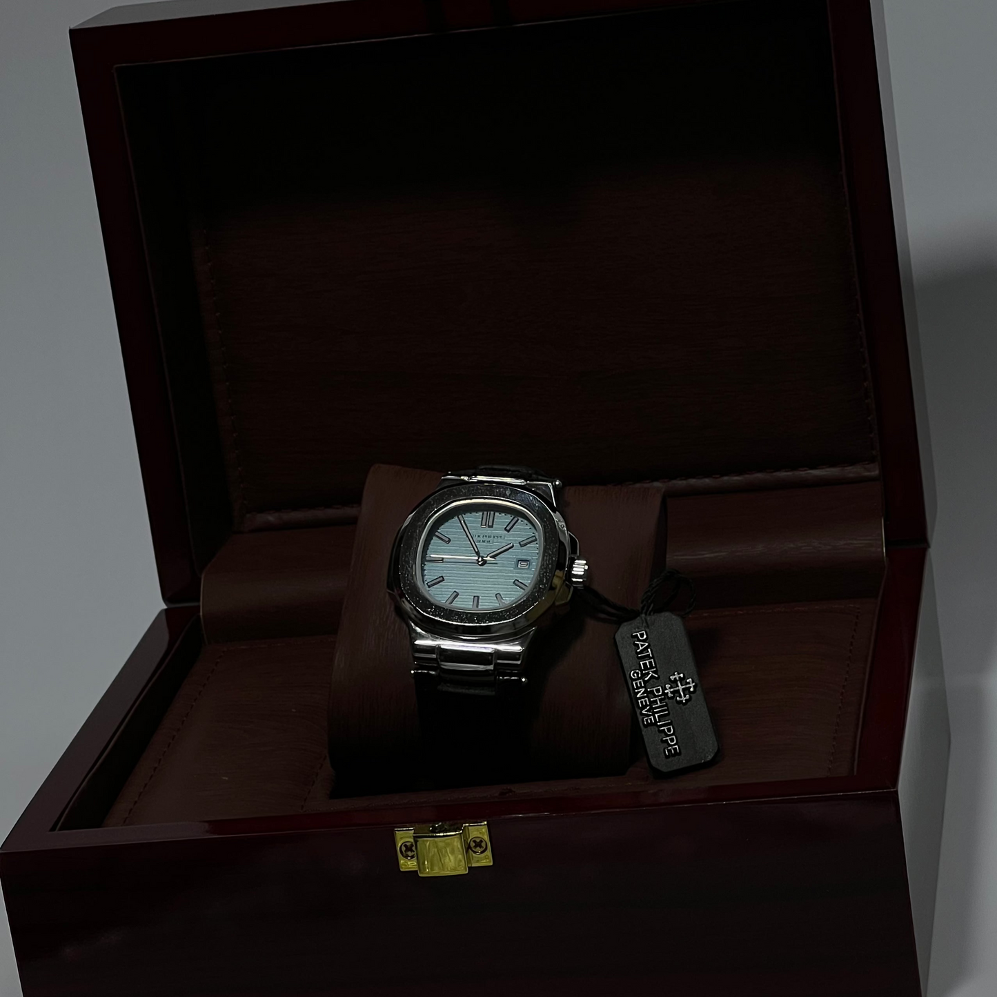 Patek Philippe Geneve Black Leather Strap Watch – Silver Case & Tiffany Blue Dial