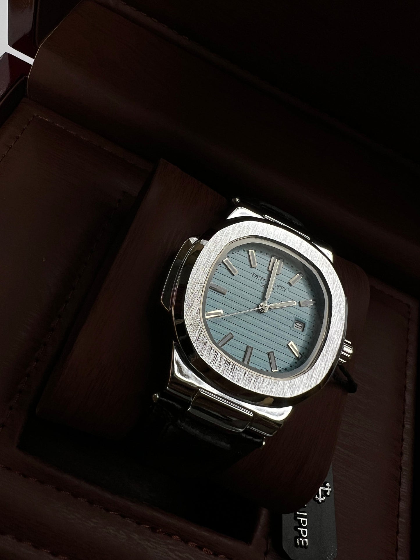 Patek Philippe Geneve Black Leather Strap Watch – Silver Case & Tiffany Blue Dial