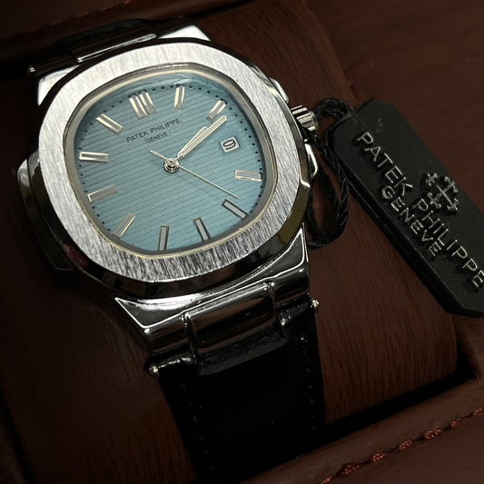 Patek Philippe Geneve Black Leather Strap Watch – Silver Case & Tiffany Blue Dial