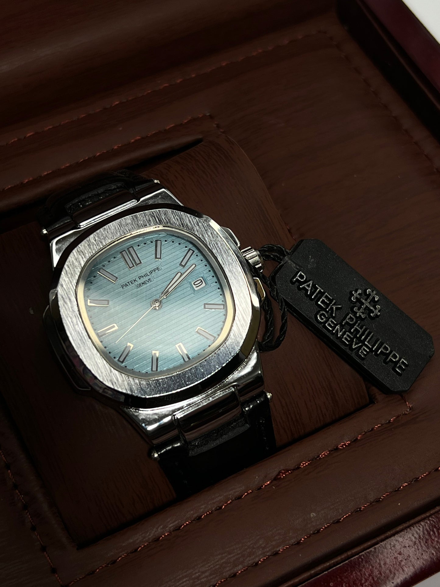 Patek Philippe Geneve Black Leather Strap Watch – Silver Case & Tiffany Blue Dial