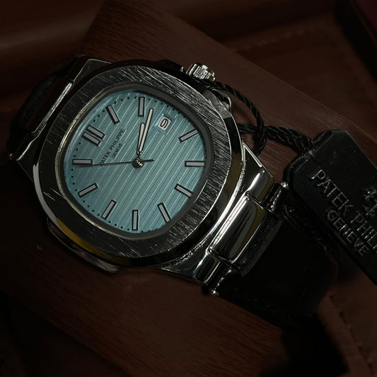 Patek Philippe Geneve Black Leather Strap Watch – Silver Case & Tiffany Blue Dial