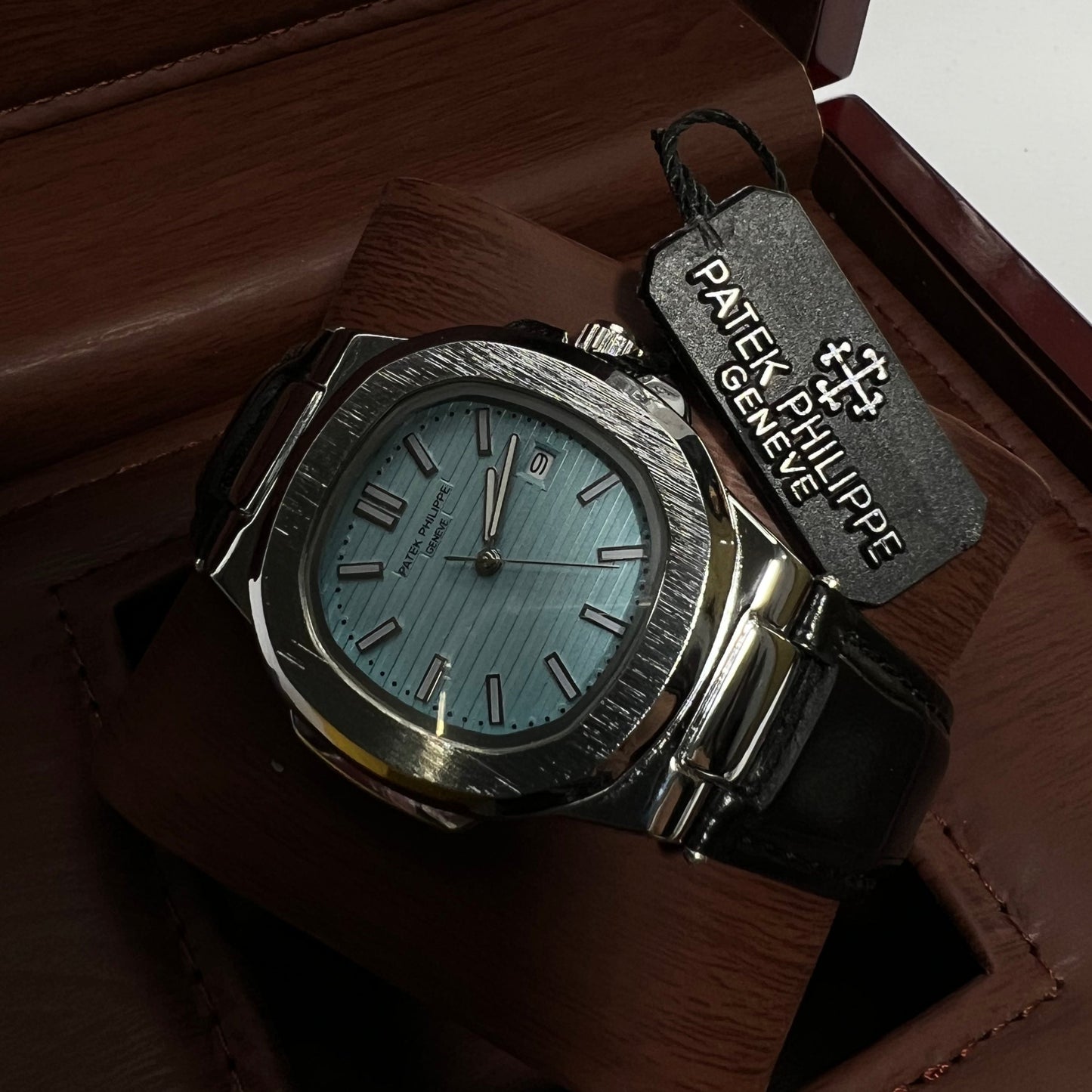 Patek Philippe Geneve Black Leather Strap Watch – Silver Case & Tiffany Blue Dial