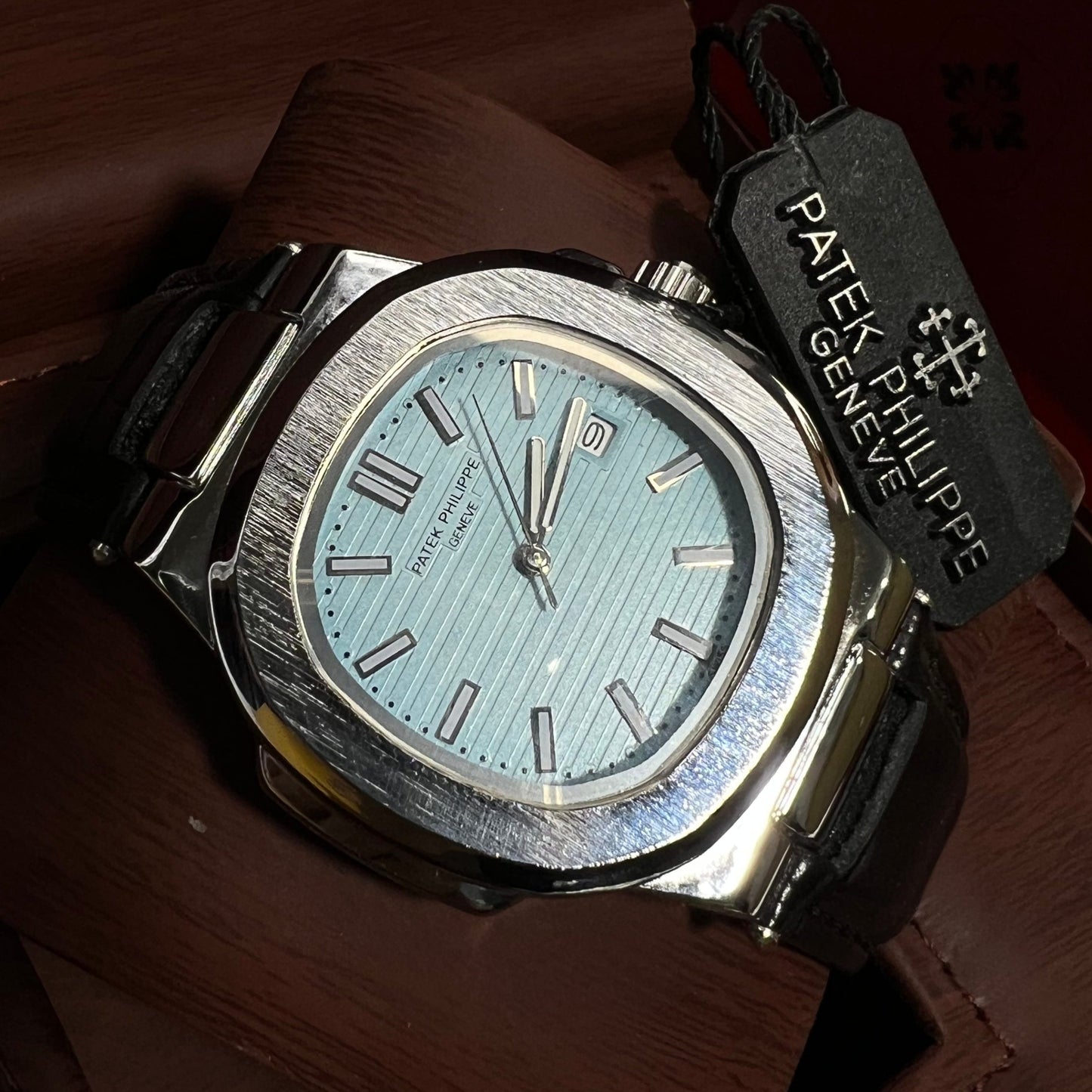 Patek Philippe Geneve Black Leather Strap Watch – Silver Case & Tiffany Blue Dial