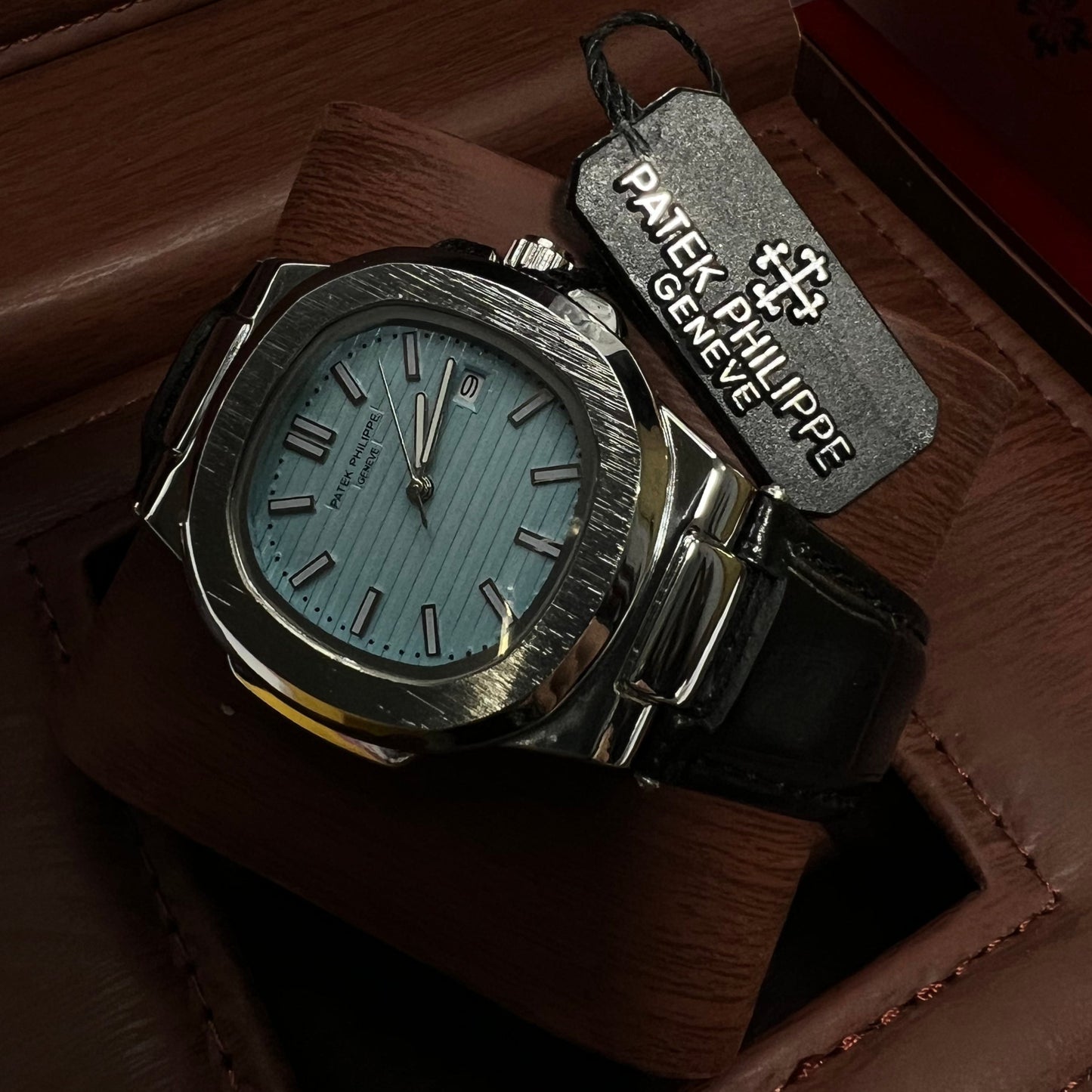 Patek Philippe Geneve Black Leather Strap Watch – Silver Case & Tiffany Blue Dial