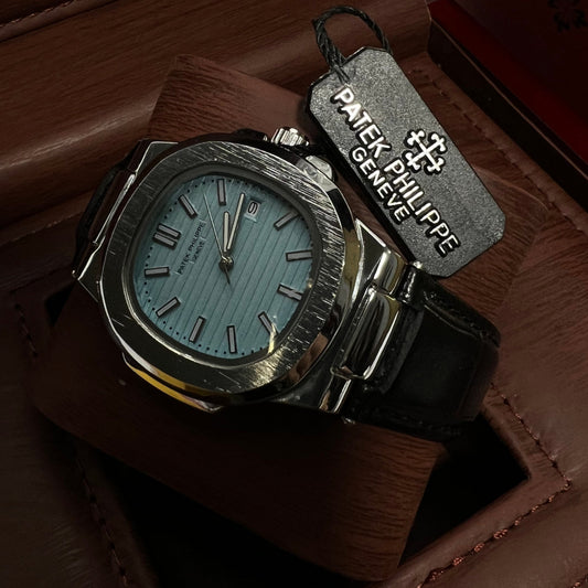 Patek Philippe Geneve Black Leather Strap Watch – Silver Case & Tiffany Blue Dial