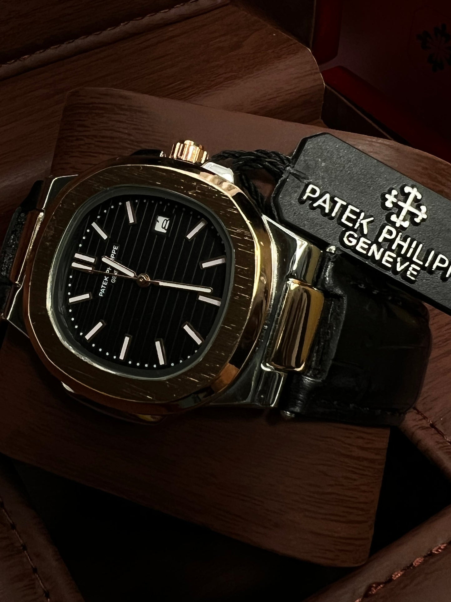Introducing the Patek Philippe Geneve Black Leather Strap Watch – Copper-Tone & Silver Case, Black Dial