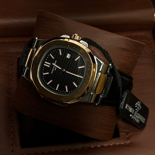 Introducing the Patek Philippe Geneve Black Leather Strap Watch – Copper-Tone & Silver Case, Black Dial