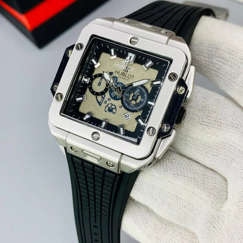 Hublot Silver Square Dial Rubber Strap Chronograph Watch Master Copy