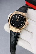 Patek Philippe Geneve Rose Gold Black Dial Leather Strap Watch Master Copy
