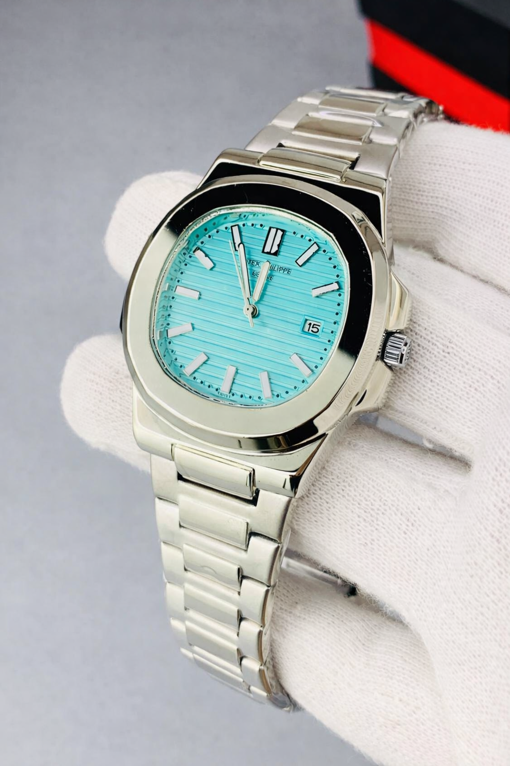 Patek Philippe Geneve Silver Matte Chain Watch – Tiffany Blue Dial
