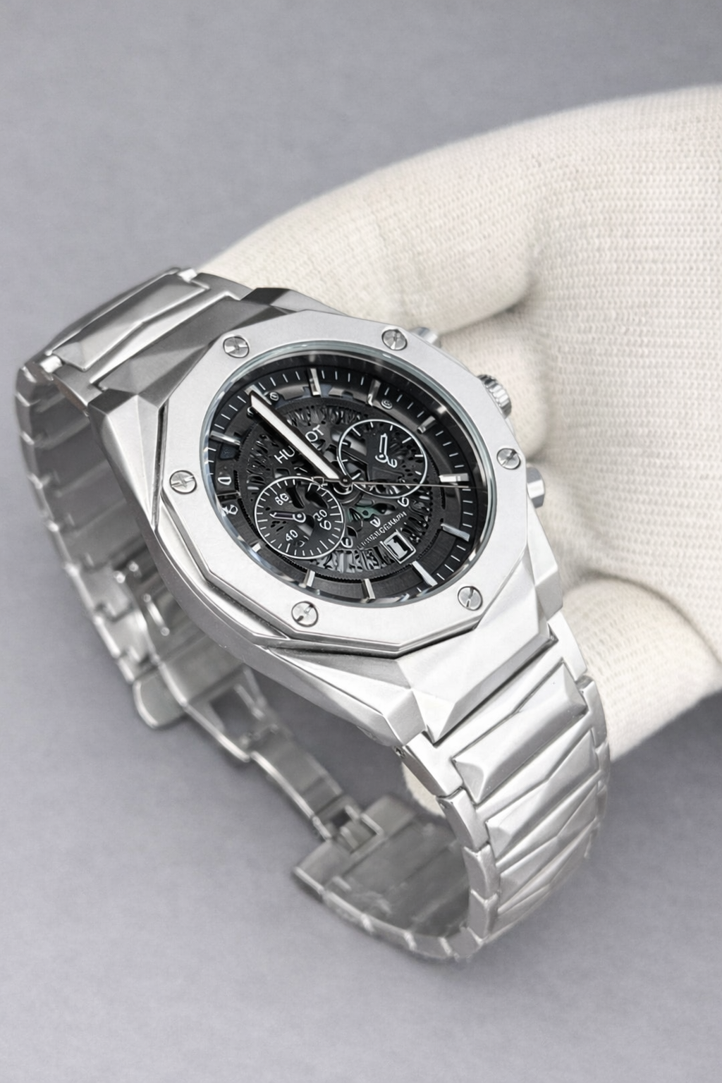 Hublot Silver Stainless Steel Black Skeleton Chronograph Watch Master Copy