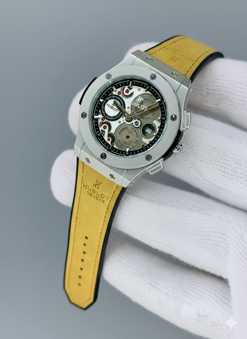 Hublot Big Bang Skeleton Dial Silver Case Yellow Strap Watch Master Copy