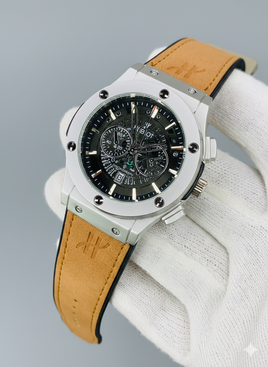 Hublot Big Bang Chronograph Silver Case Tan Suede Strap Watch Master Copy
