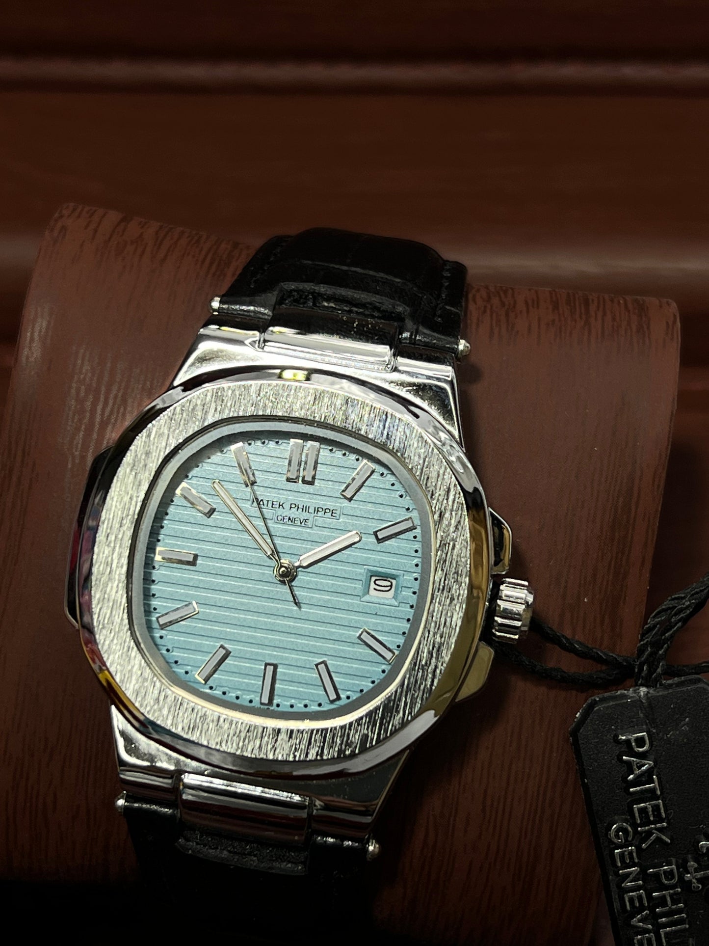 Patek Philippe Geneve Black Leather Strap Watch – Silver Case &amp; Tiffany Blue Dial