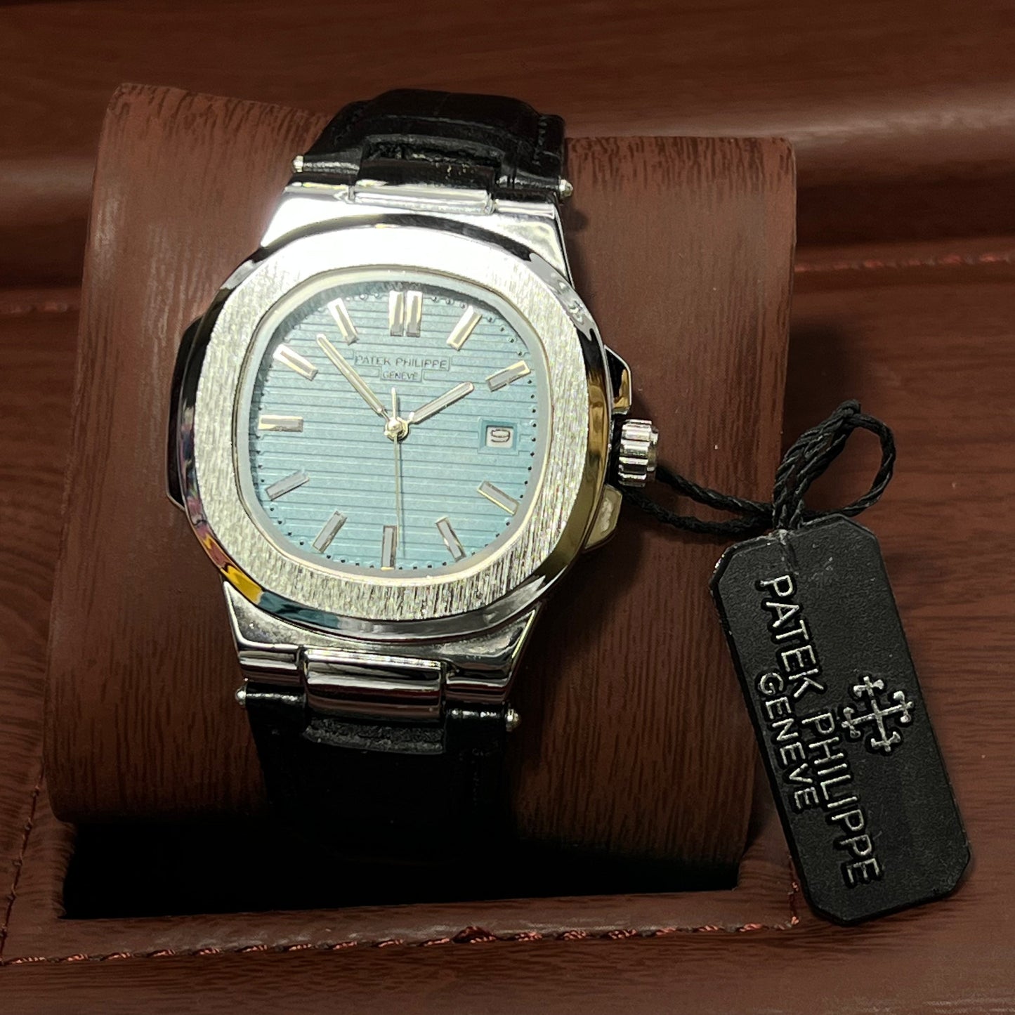 Patek Philippe Geneve Black Leather Strap Watch – Silver Case &amp; Tiffany Blue Dial