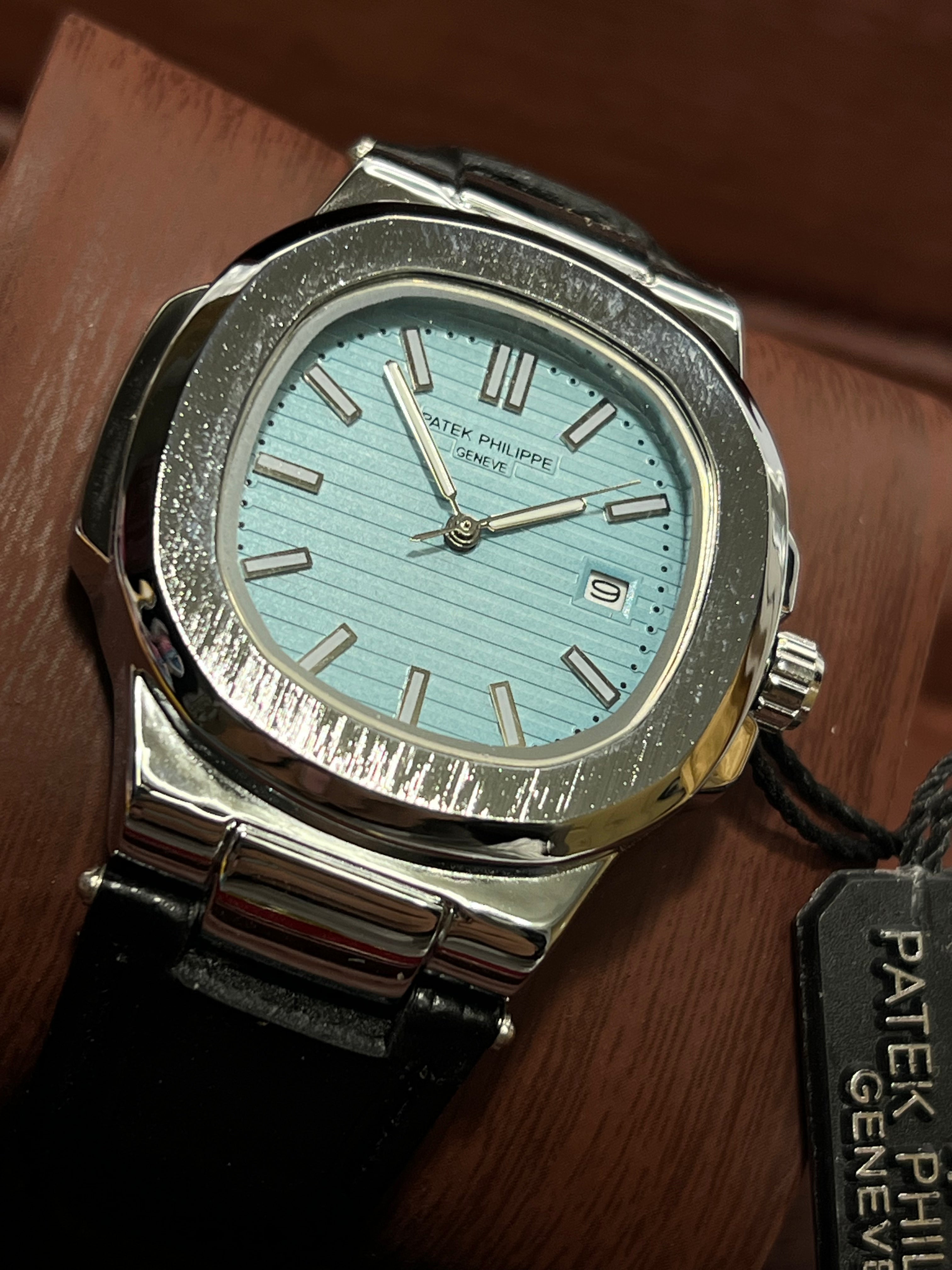Patek Philippe Geneve Black Leather Strap Watch – Silver Case &amp; Tiffany Blue Dial