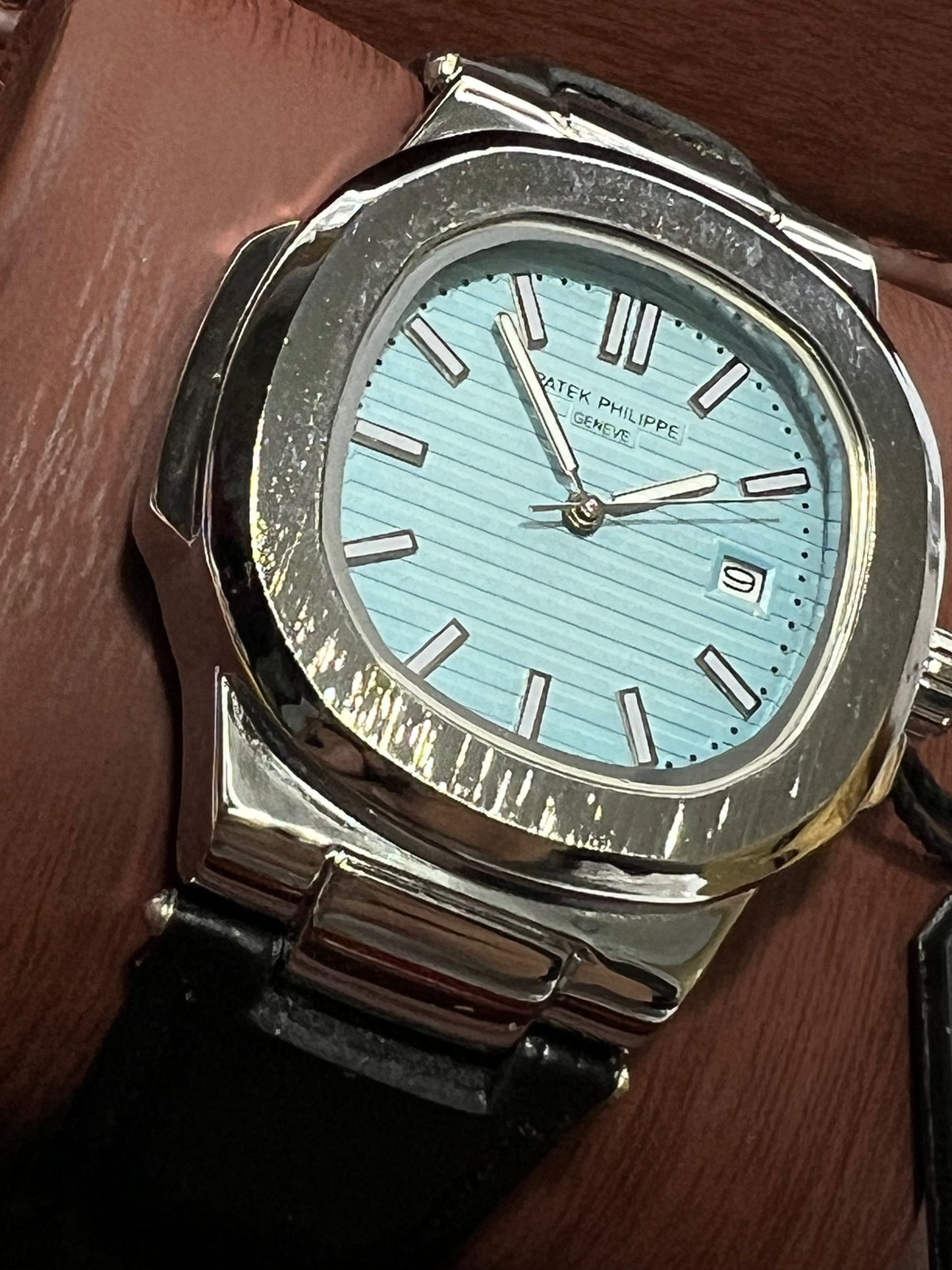 Patek Philippe Geneve Black Leather Strap Watch – Silver Case &amp; Tiffany Blue Dial