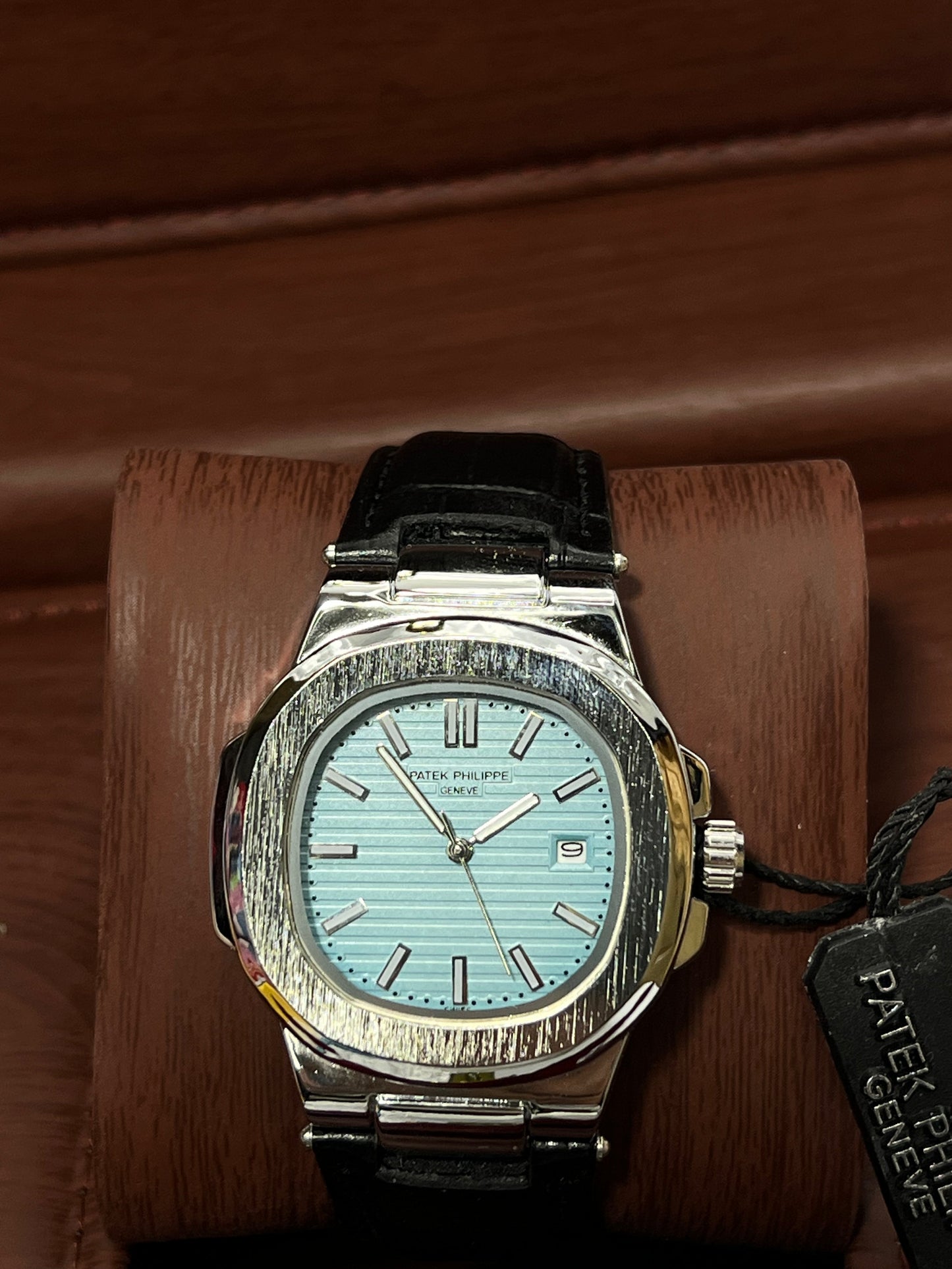 Patek Philippe Geneve Black Leather Strap Watch – Silver Case &amp; Tiffany Blue Dial