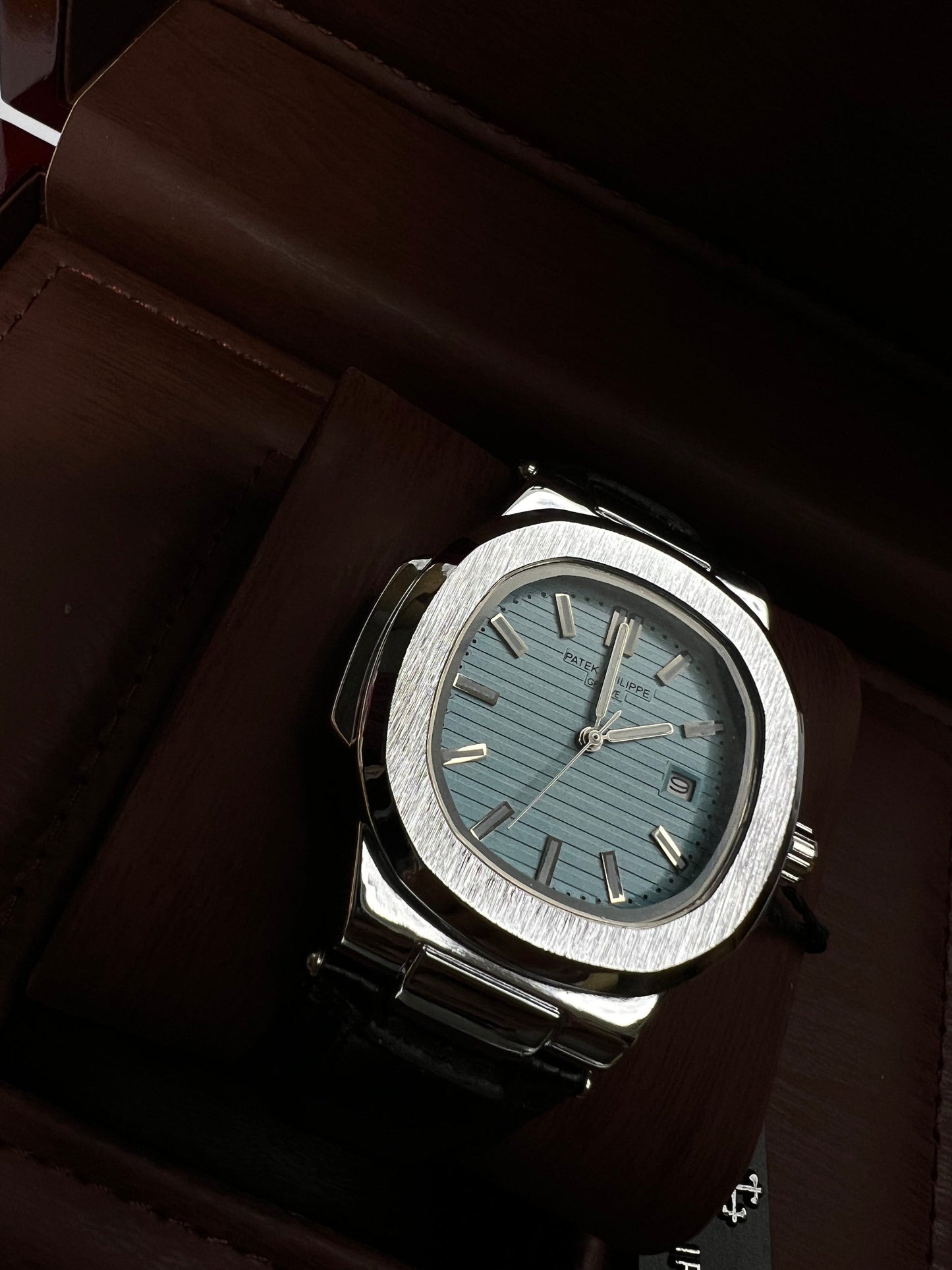 Patek Philippe Geneve Black Leather Strap Watch – Silver Case &amp; Tiffany Blue Dial