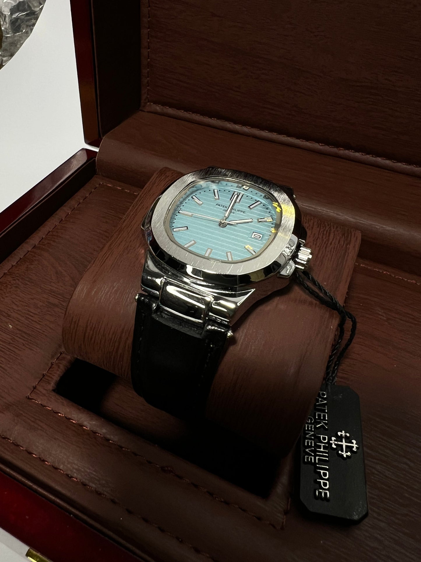 Patek Philippe Geneve Black Leather Strap Watch – Silver Case &amp; Tiffany Blue Dial