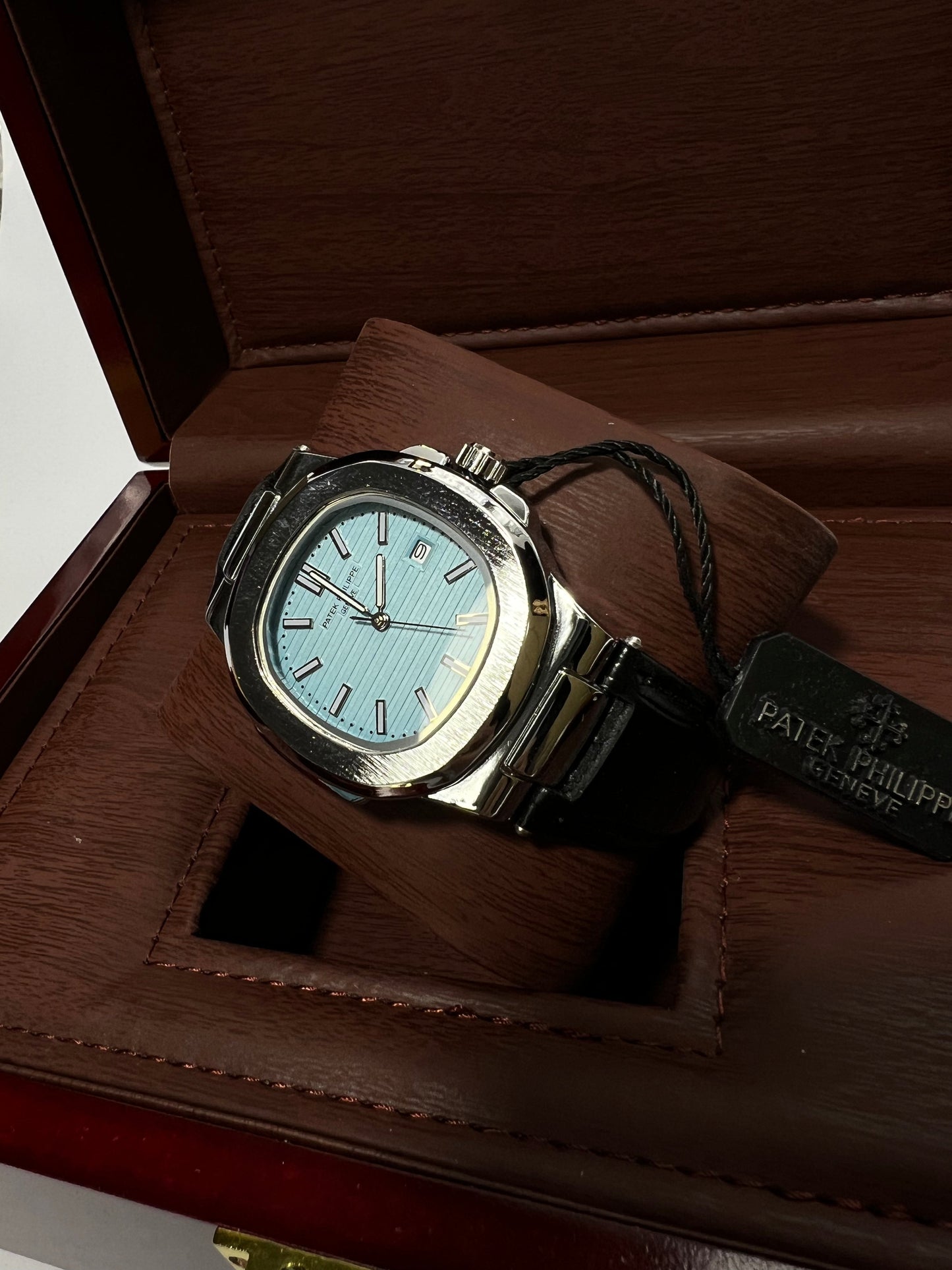 Patek Philippe Geneve Black Leather Strap Watch – Silver Case &amp; Tiffany Blue Dial