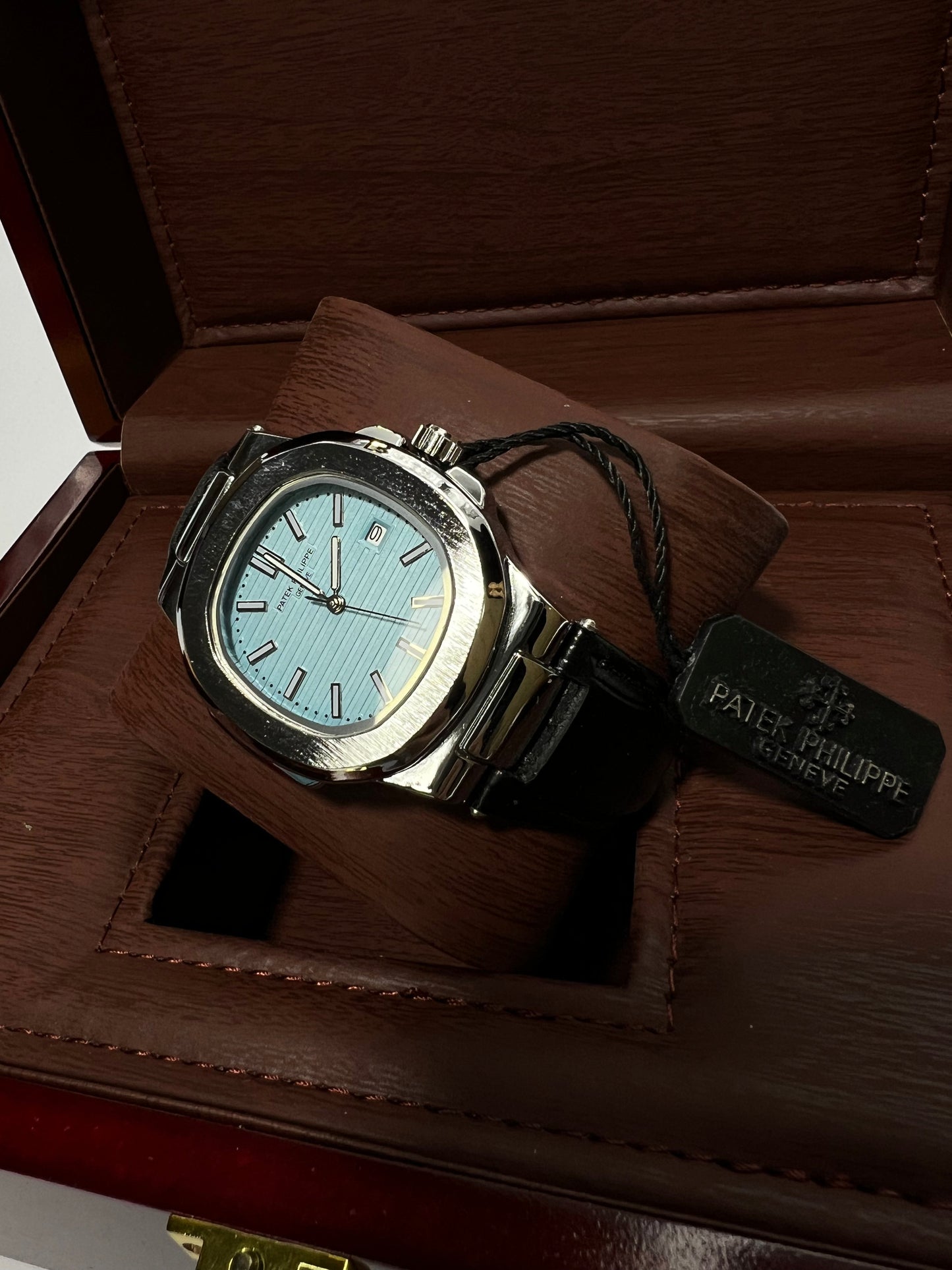 Patek Philippe Geneve Black Leather Strap Watch – Silver Case &amp; Tiffany Blue Dial