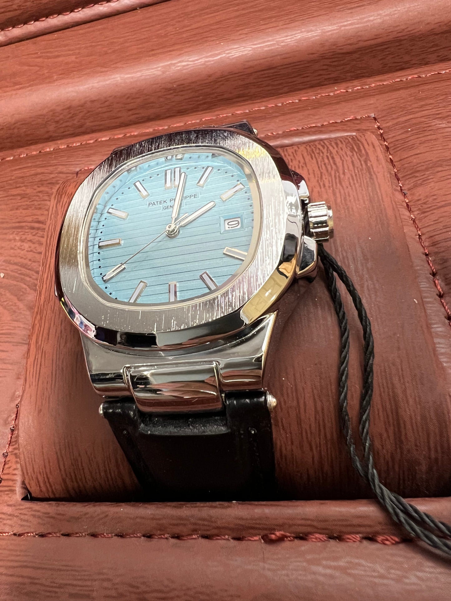 Patek Philippe Geneve Black Leather Strap Watch – Silver Case &amp; Tiffany Blue Dial