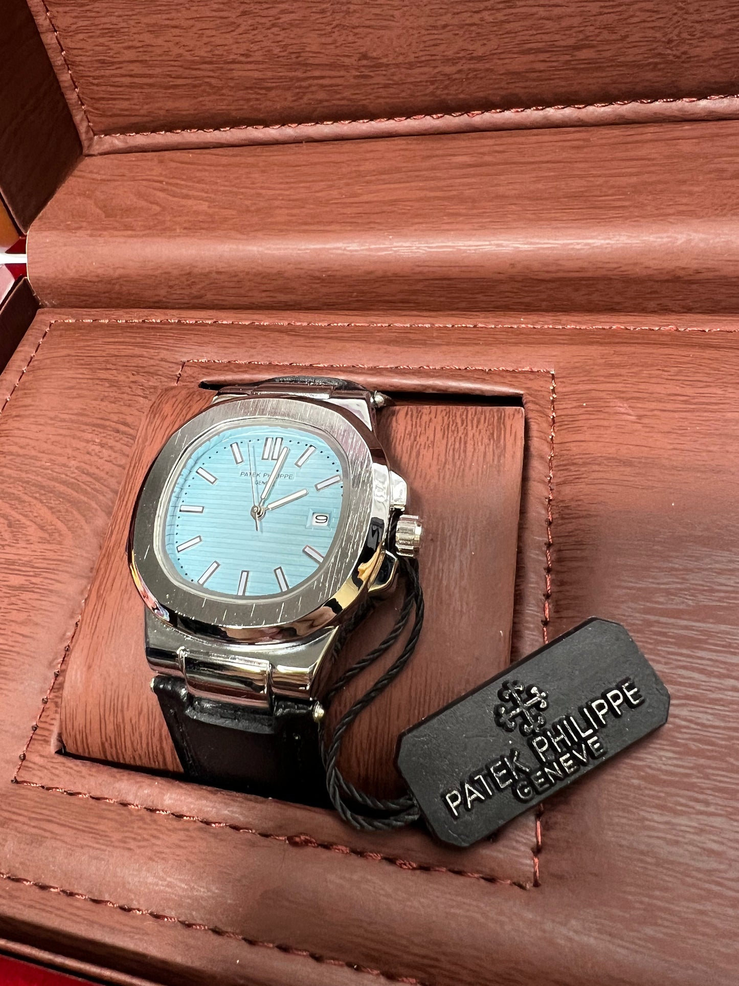 Patek Philippe Geneve Black Leather Strap Watch – Silver Case &amp; Tiffany Blue Dial