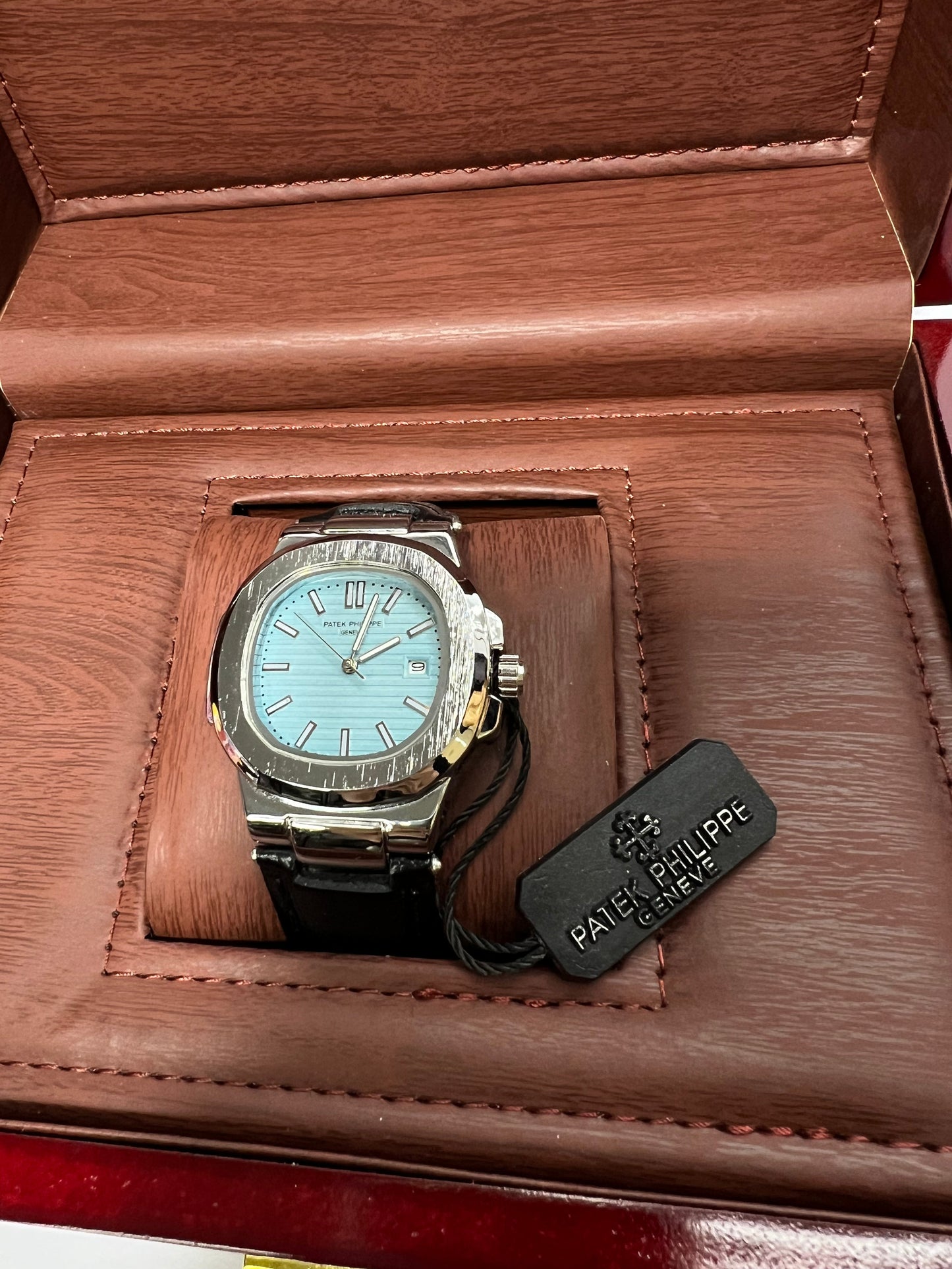 Patek Philippe Geneve Black Leather Strap Watch – Silver Case &amp; Tiffany Blue Dial