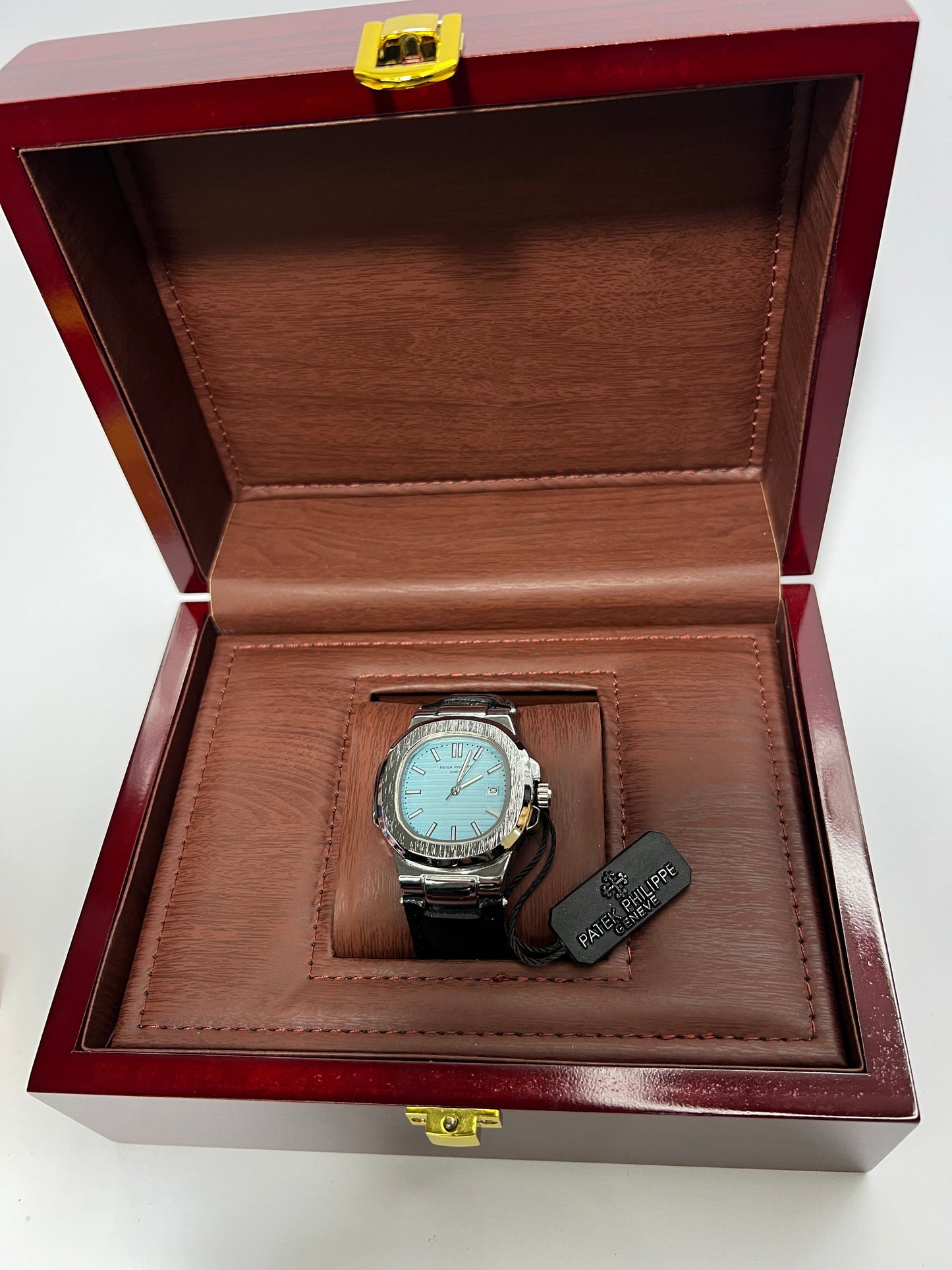 Patek Philippe Geneve Black Leather Strap Watch – Silver Case &amp; Tiffany Blue Dial