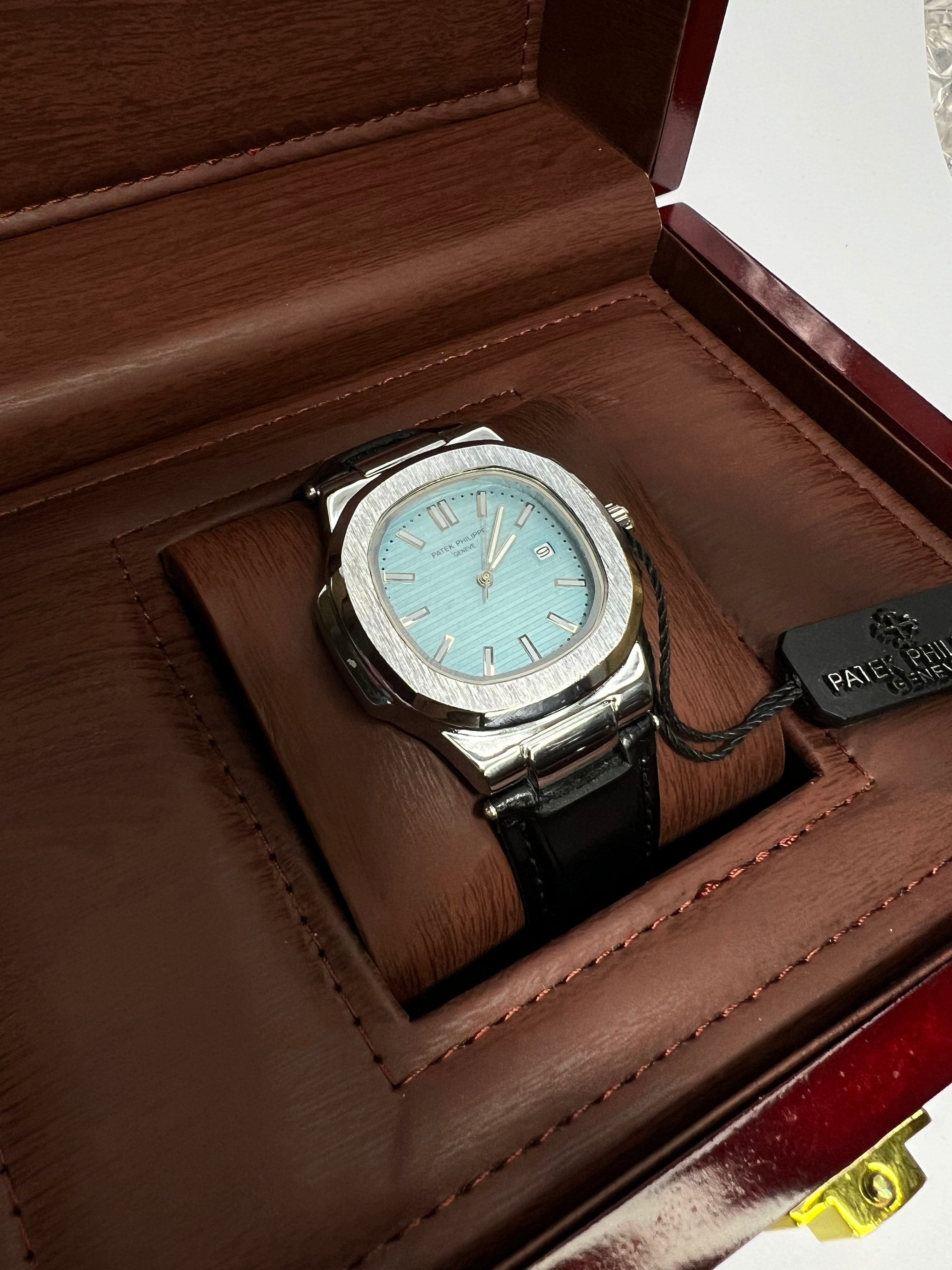 Patek Philippe Geneve Black Leather Strap Watch – Silver Case &amp; Tiffany Blue Dial