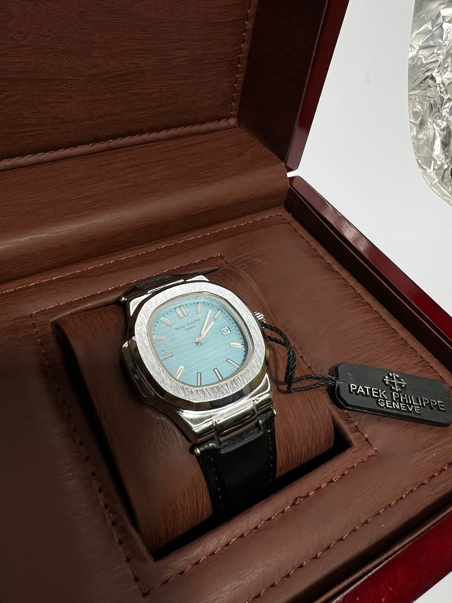 Patek Philippe Geneve Black Leather Strap Watch – Silver Case &amp; Tiffany Blue Dial