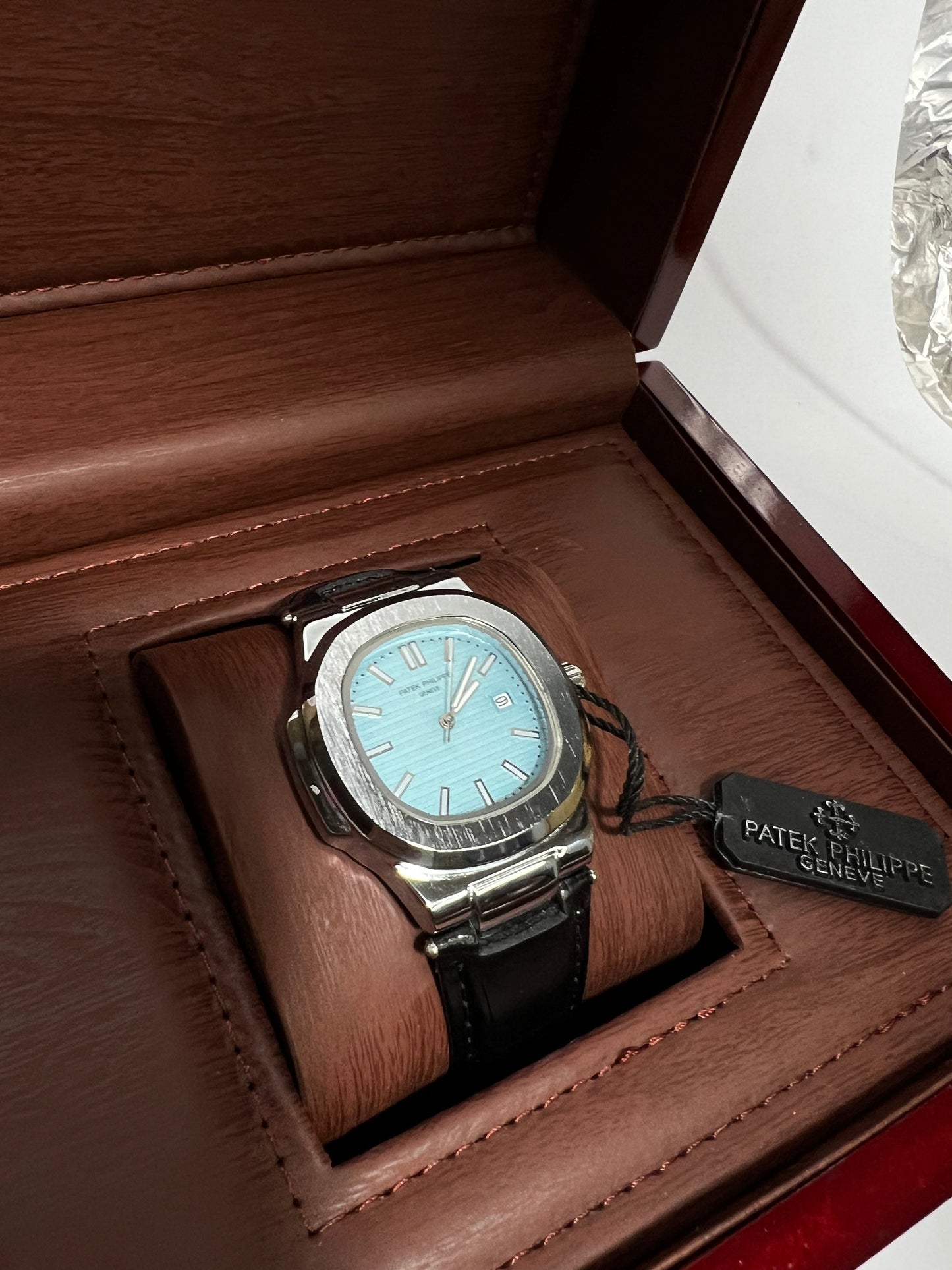 Patek Philippe Geneve Black Leather Strap Watch – Silver Case &amp; Tiffany Blue Dial