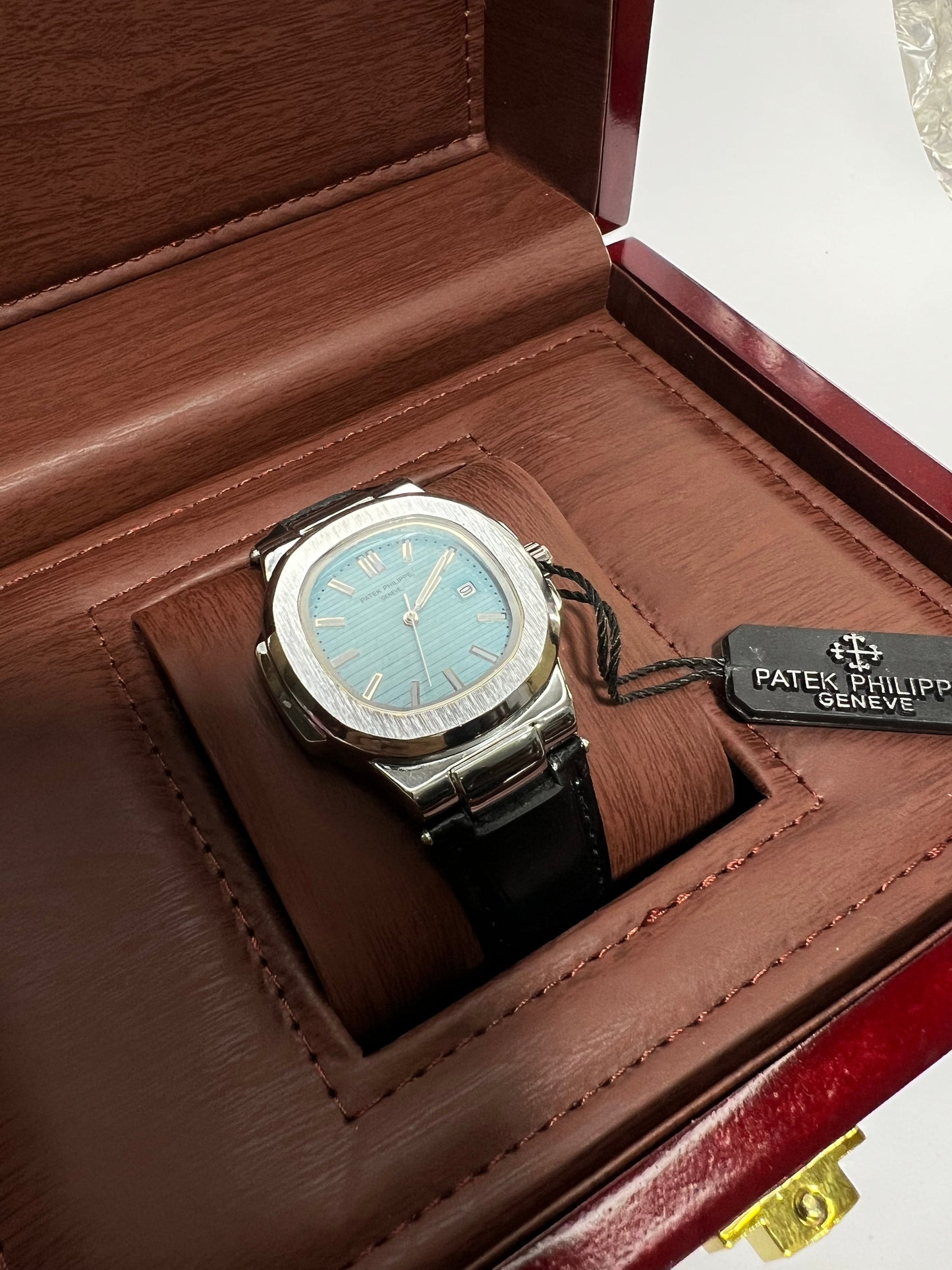 Patek Philippe Geneve Black Leather Strap Watch – Silver Case &amp; Tiffany Blue Dial