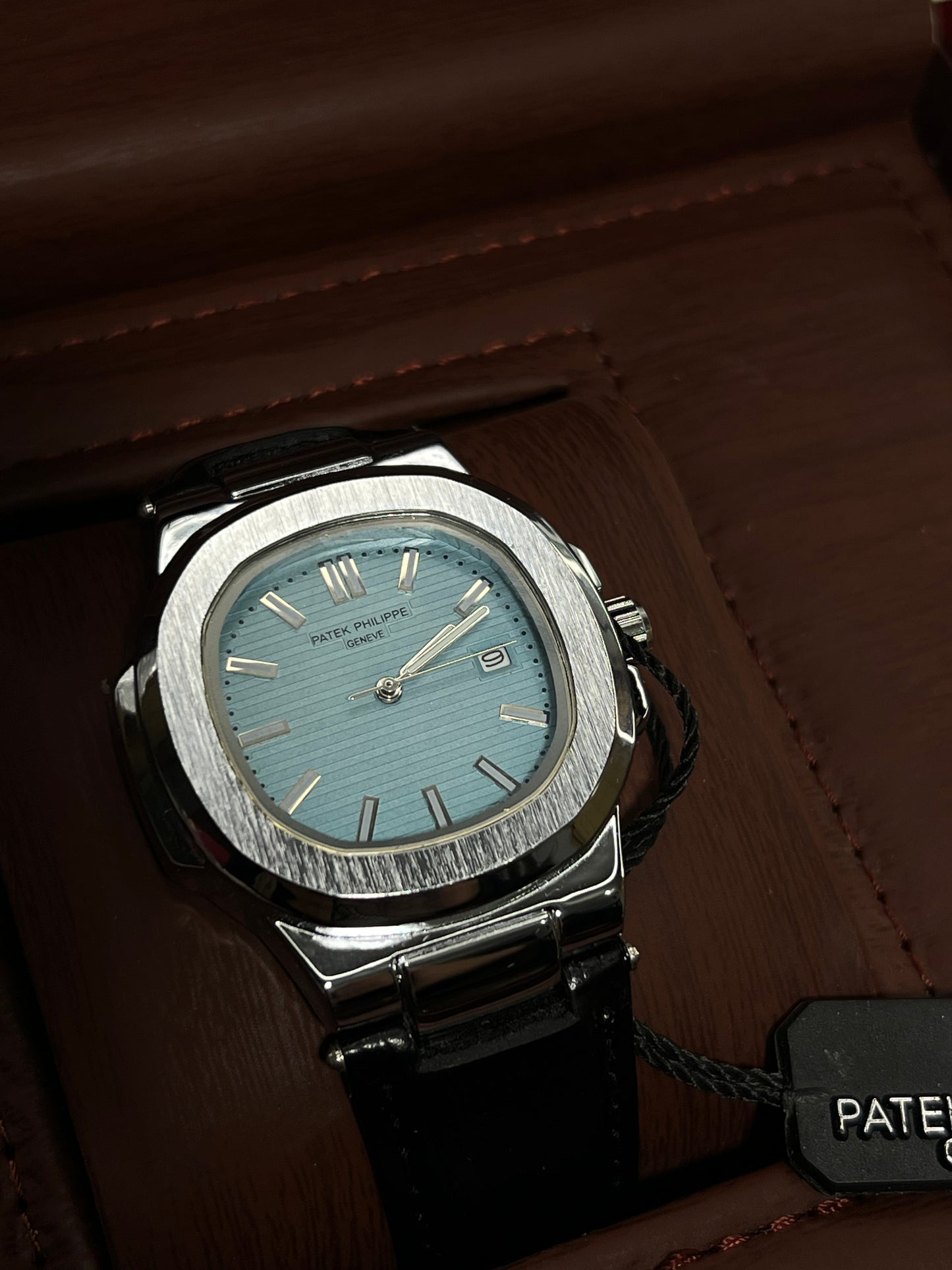 Patek Philippe Geneve Black Leather Strap Watch – Silver Case &amp; Tiffany Blue Dial