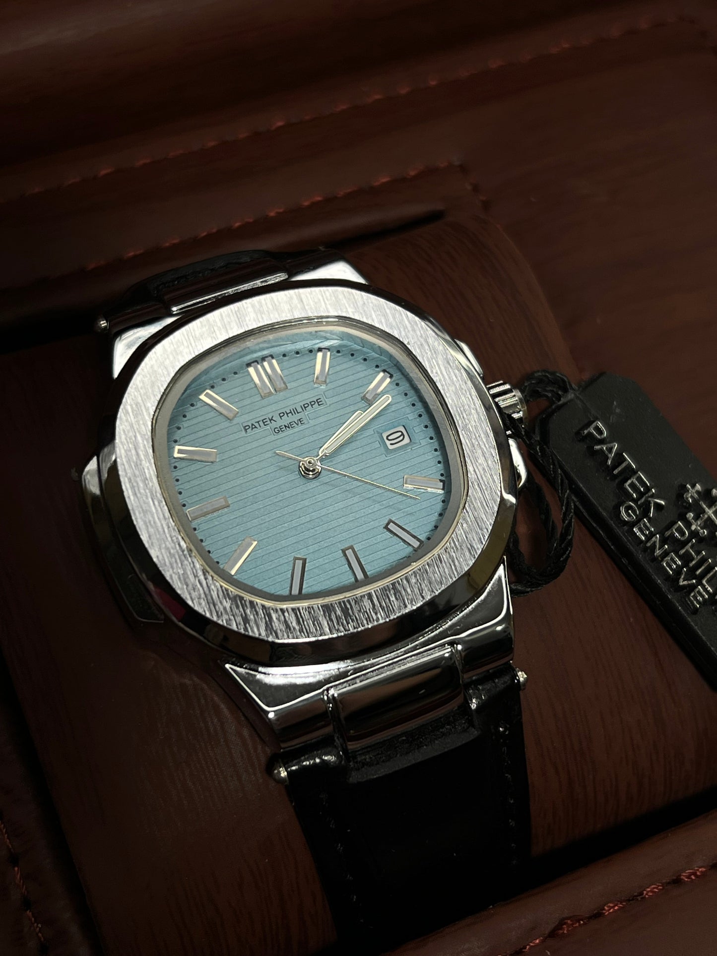 Patek Philippe Geneve Black Leather Strap Watch – Silver Case &amp; Tiffany Blue Dial