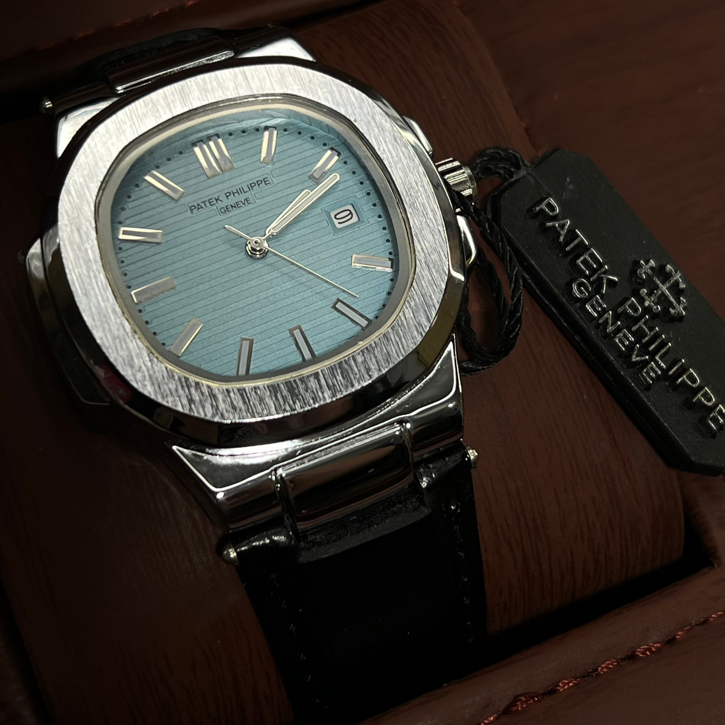 Patek Philippe Geneve Black Leather Strap Watch – Silver Case &amp; Tiffany Blue Dial