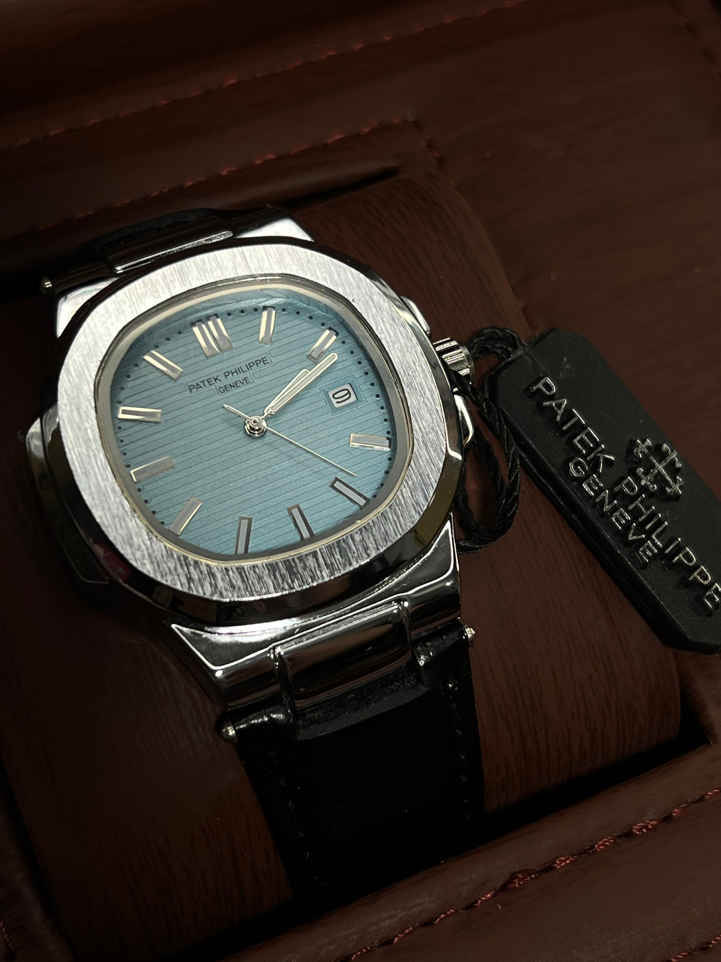 Patek Philippe Geneve Black Leather Strap Watch – Silver Case &amp; Tiffany Blue Dial