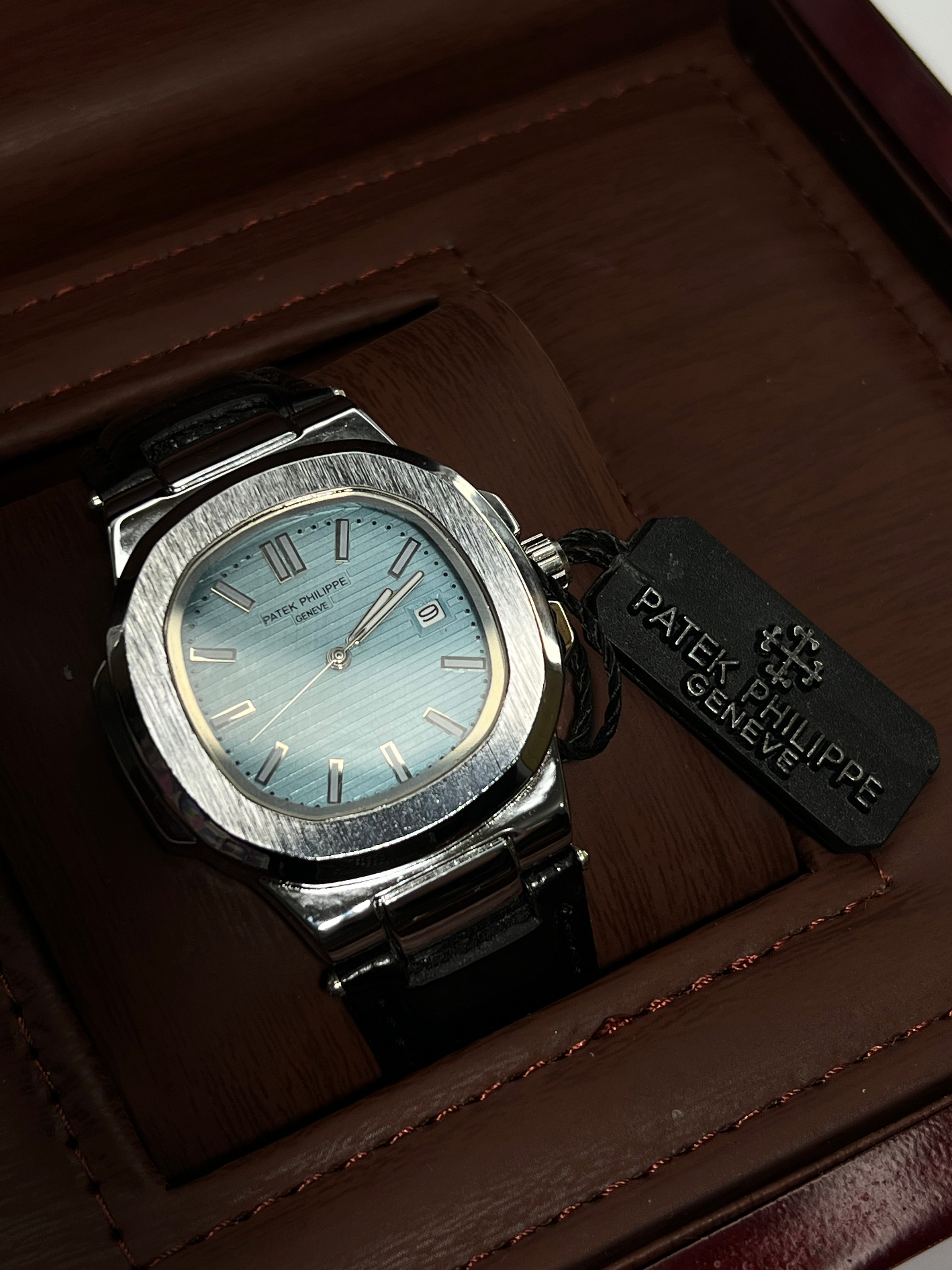 Patek Philippe Geneve Black Leather Strap Watch – Silver Case &amp; Tiffany Blue Dial