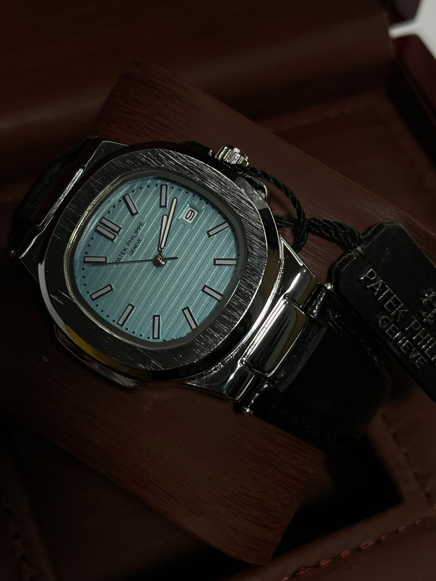 Patek Philippe Geneve Black Leather Strap Watch – Silver Case &amp; Tiffany Blue Dial