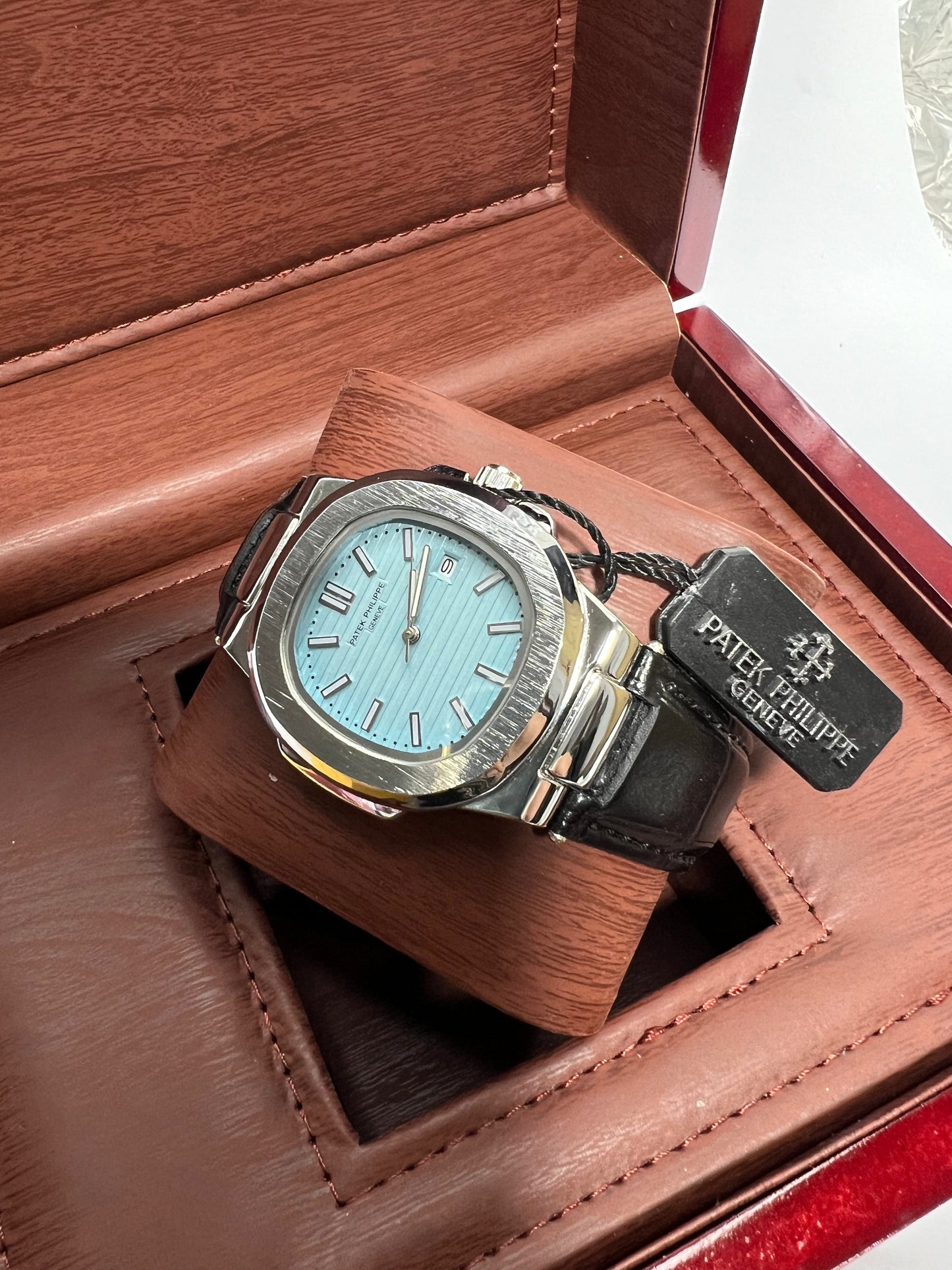 Patek Philippe Geneve Black Leather Strap Watch – Silver Case &amp; Tiffany Blue Dial