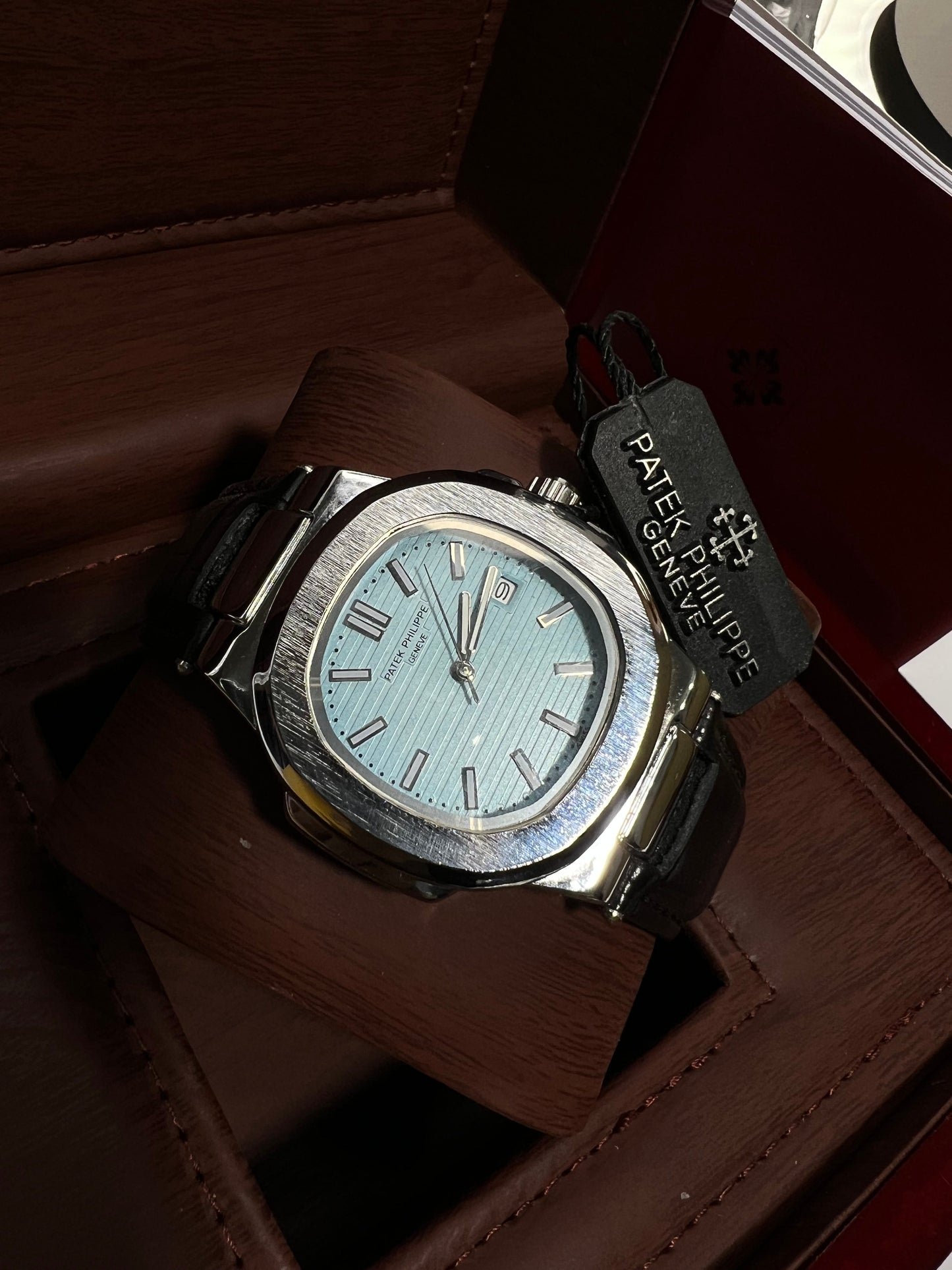 Patek Philippe Geneve Black Leather Strap Watch – Silver Case &amp; Tiffany Blue Dial