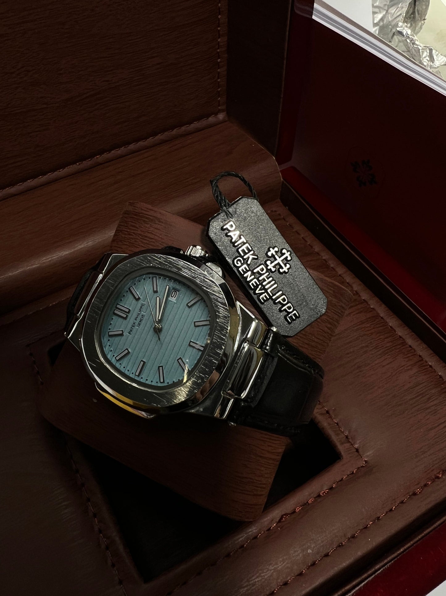 Patek Philippe Geneve Black Leather Strap Watch – Silver Case &amp; Tiffany Blue Dial