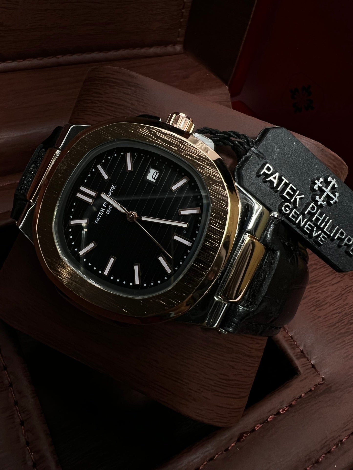 Introducing the Patek Philippe Geneve Black Leather Strap Watch – Copper-Tone &amp; Silver Case, Black Dial