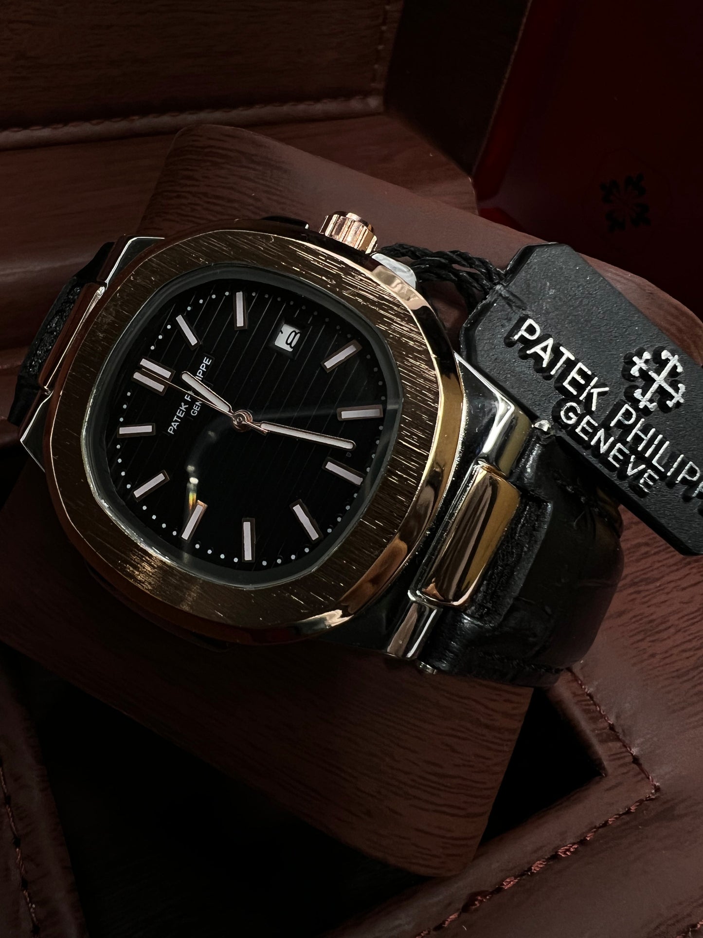 Introducing the Patek Philippe Geneve Black Leather Strap Watch – Copper-Tone &amp; Silver Case, Black Dial