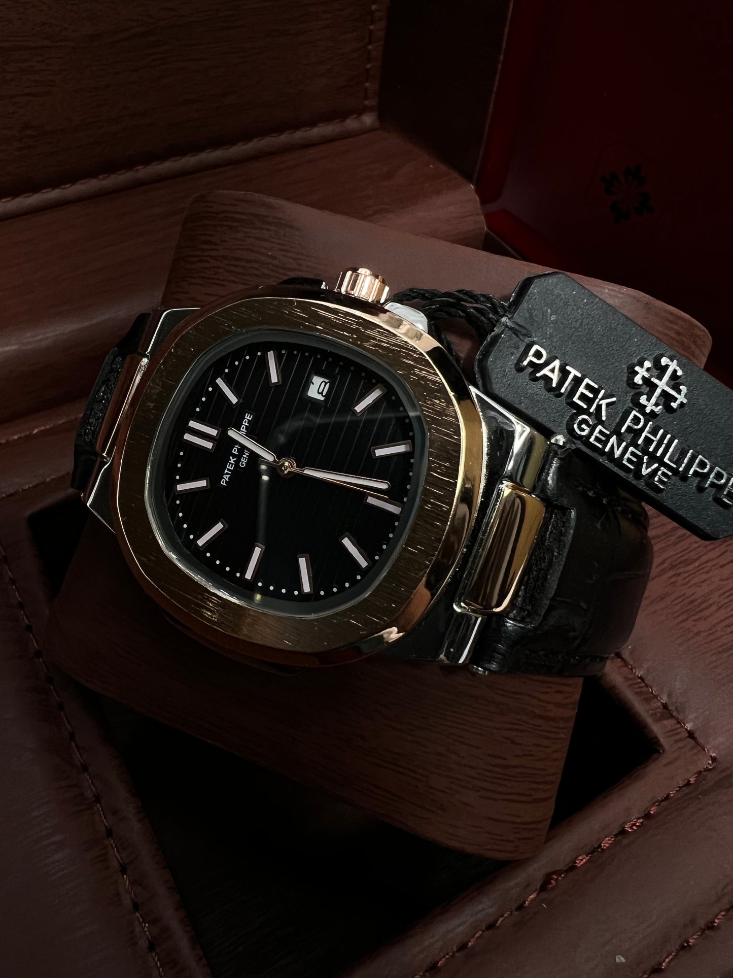 Introducing the Patek Philippe Geneve Black Leather Strap Watch – Copper-Tone &amp; Silver Case, Black Dial