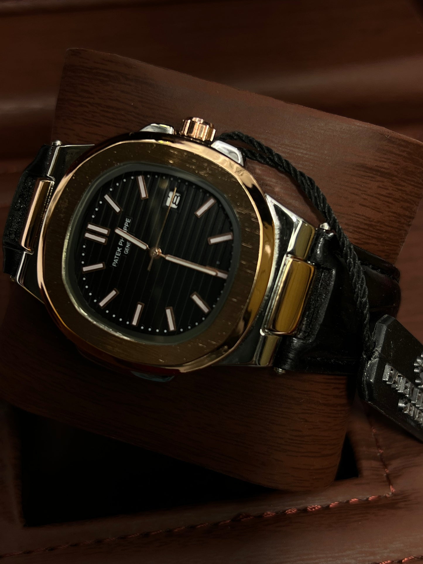 Introducing the Patek Philippe Geneve Black Leather Strap Watch – Copper-Tone &amp; Silver Case, Black Dial