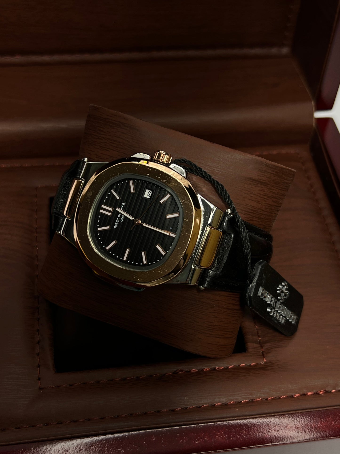 Introducing the Patek Philippe Geneve Black Leather Strap Watch – Copper-Tone &amp; Silver Case, Black Dial